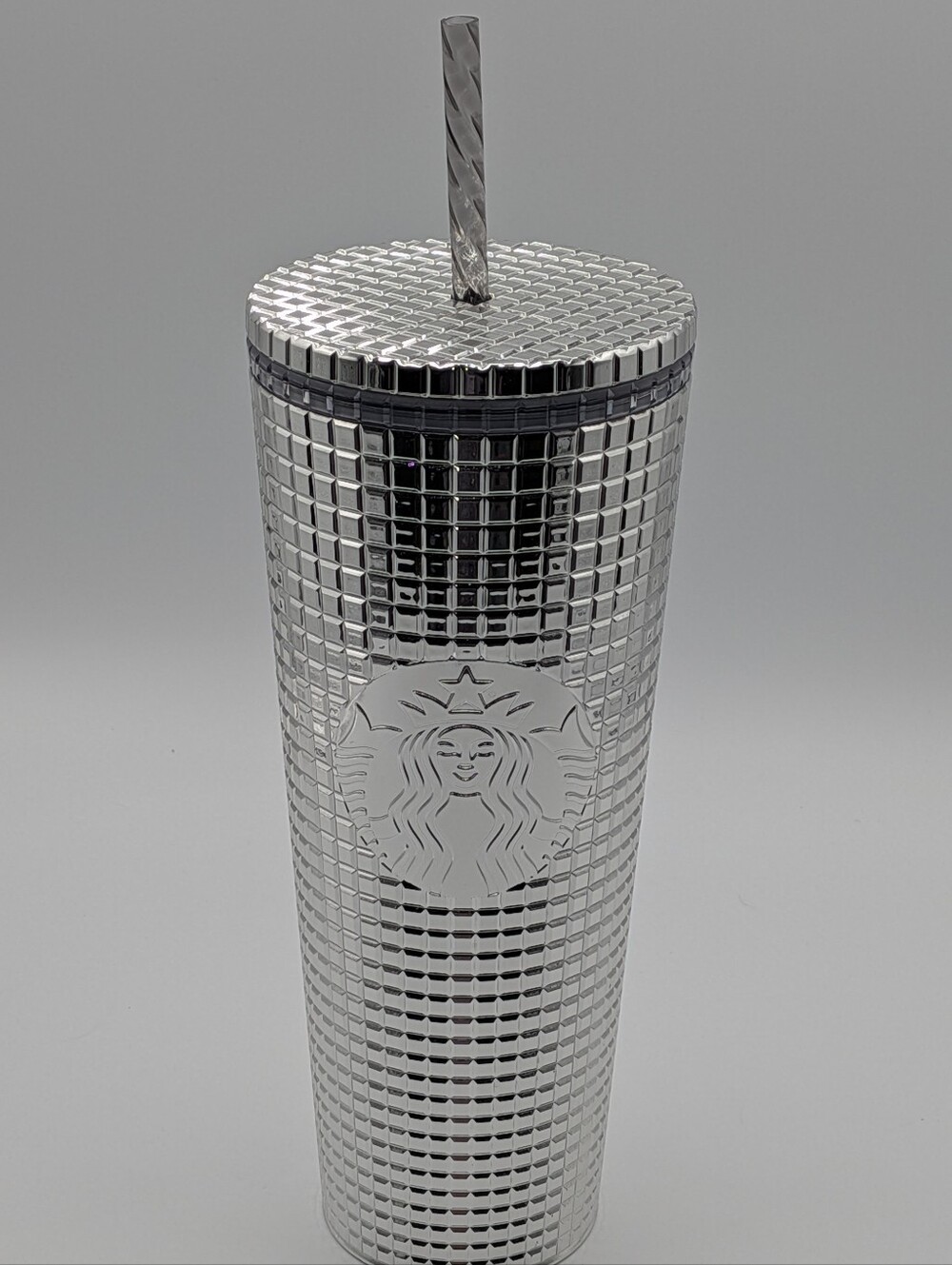 Starbucks 2023 Holiday Silver Chrome Grid Mirrorball Tumbler Venti 24oz NWT